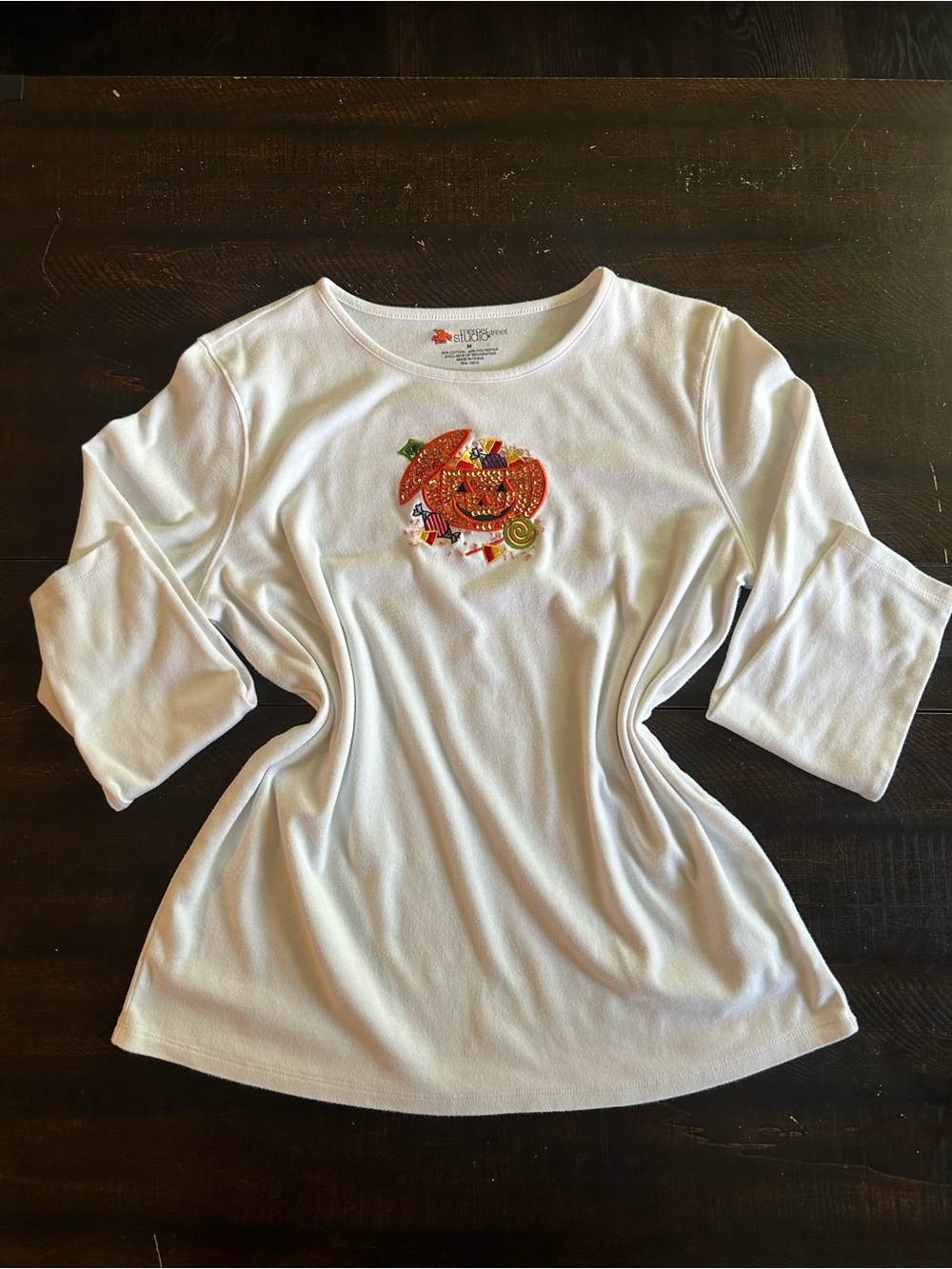 Mercer Street Studio White Long Sleeve Top with Embroidered Pumpkin Motif